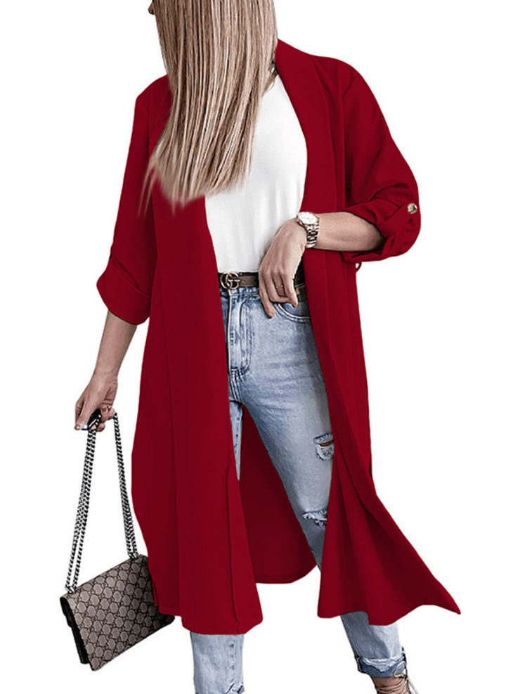 Slit Open Front Roll-Tab Sleeve Trench Coat main image 0