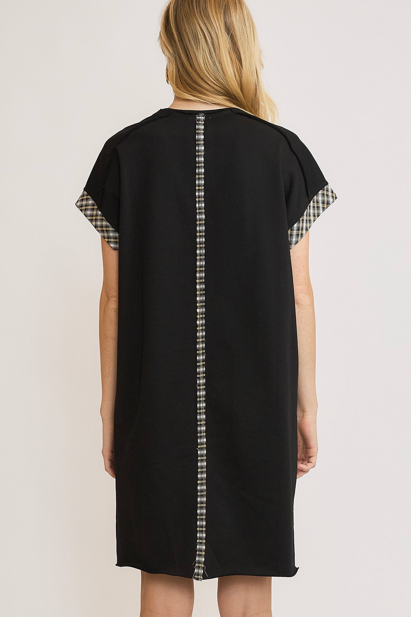 Umgee Peace Plaid Applique Short Sleeve Mini Dress Black / S Umgee Peace Plaid Applique Short Sleeve Mini Dress Black / S
