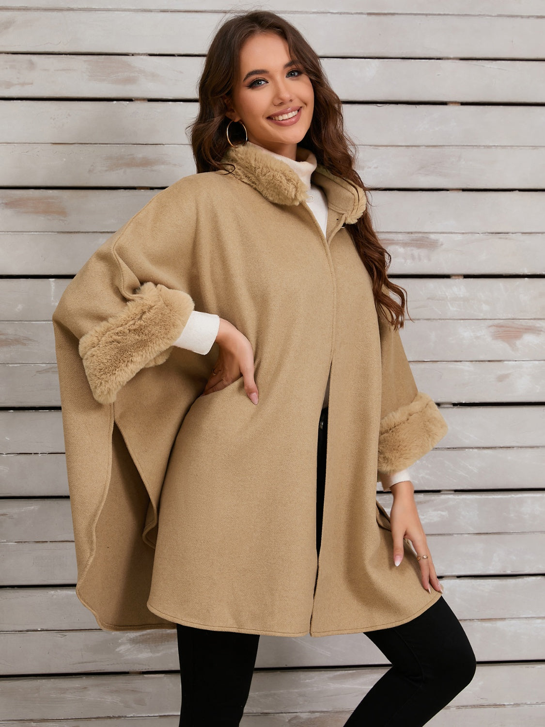 Fuzzy Trim Long Sleeve Poncho – Charming Charlie