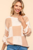 Haptics Full Size Checkered Round Neck Drop Shoulder Sweater - Charming Charlie