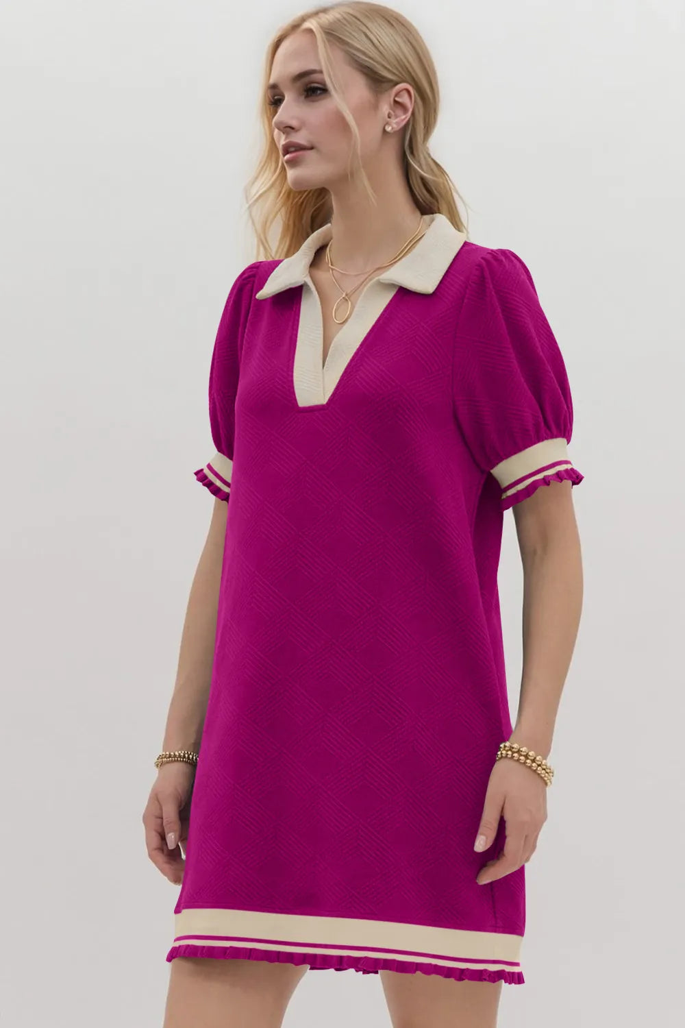 Oh Frill Contrast Trim Johnny Collar Short Sleeve Mini Dress – Charming  Charlie