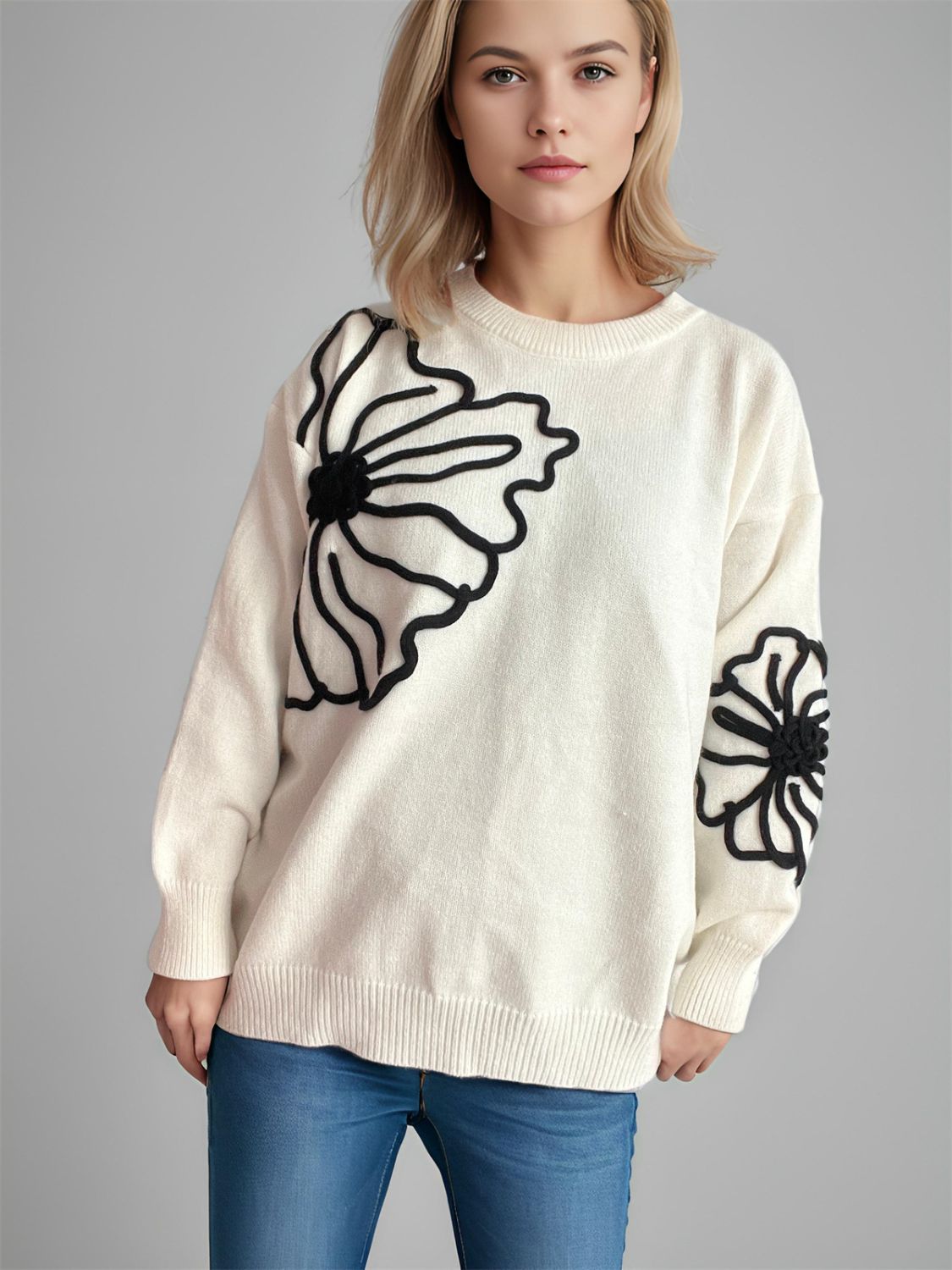 Flower Round Neck Long Sleeve Sweater - Charming Charlie