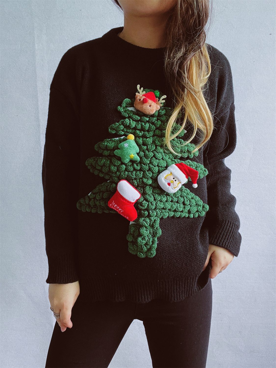 Christmas Tree Round Neck Long Sleeve Sweater - Charming Charlie