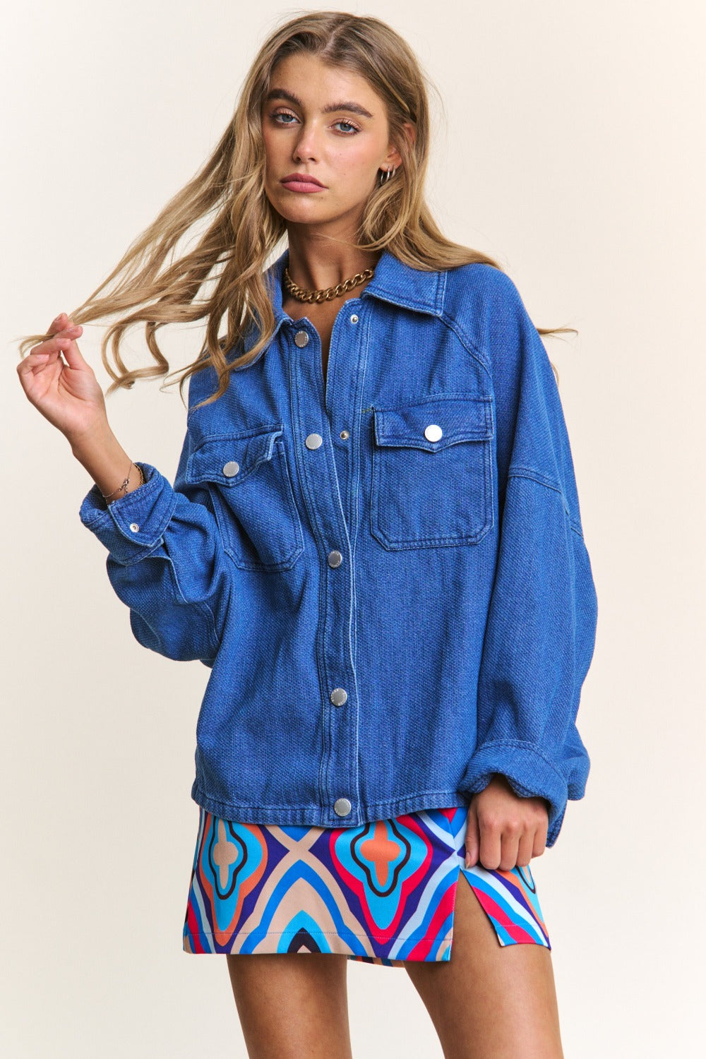 J.NNA Snap Down Long Sleeve Denim Shacket - Charming Charlie
