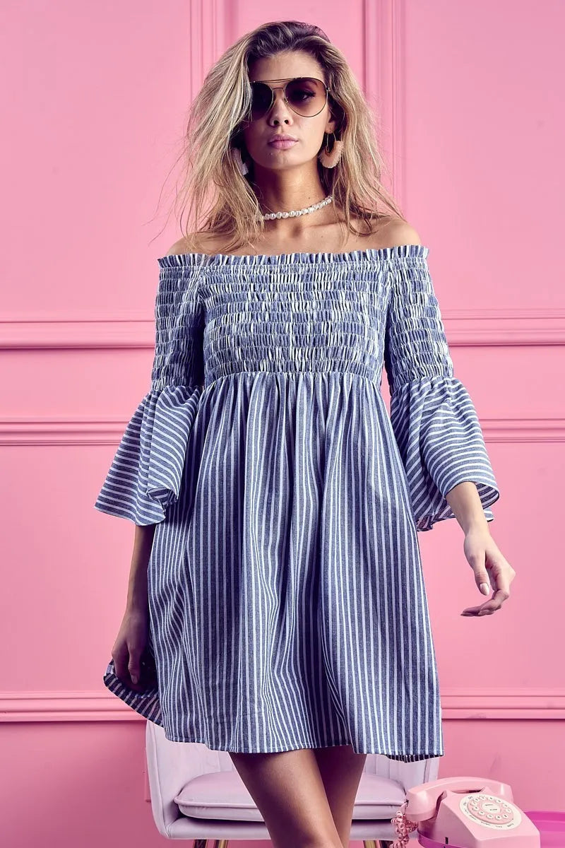 smocked off the shoulder dress BiBi Smocked Off Shoulder Striped Dress DENIM / S