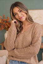 Cozy Caramel V-Neck Sweater with Crochet Sleeves - Charming Charlie