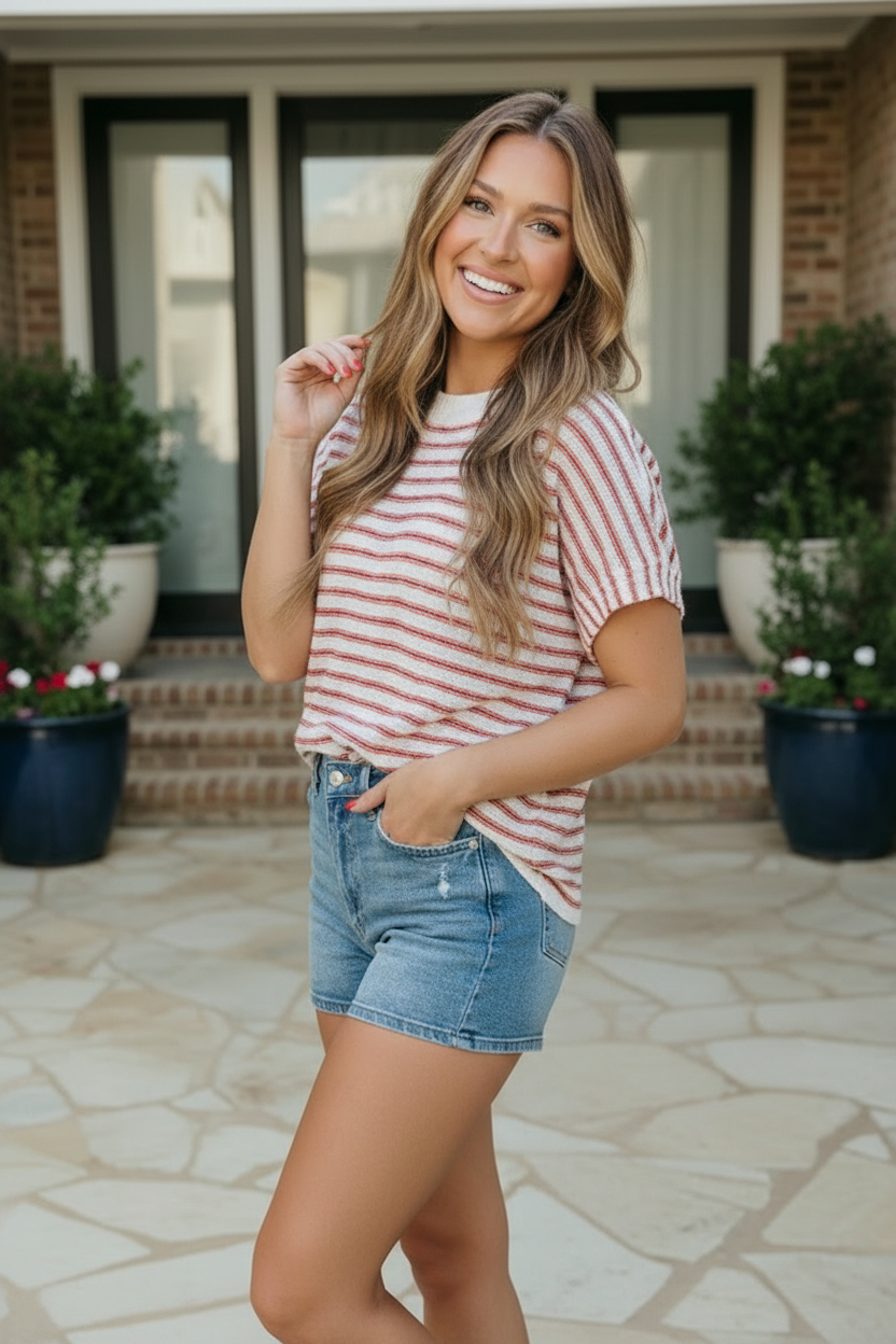 Breezy Stripe Knit Top in Ivory and Red - Charming Charlie