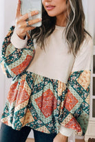 Printed Round Neck Long Sleeve Blouse - Charming Charlie