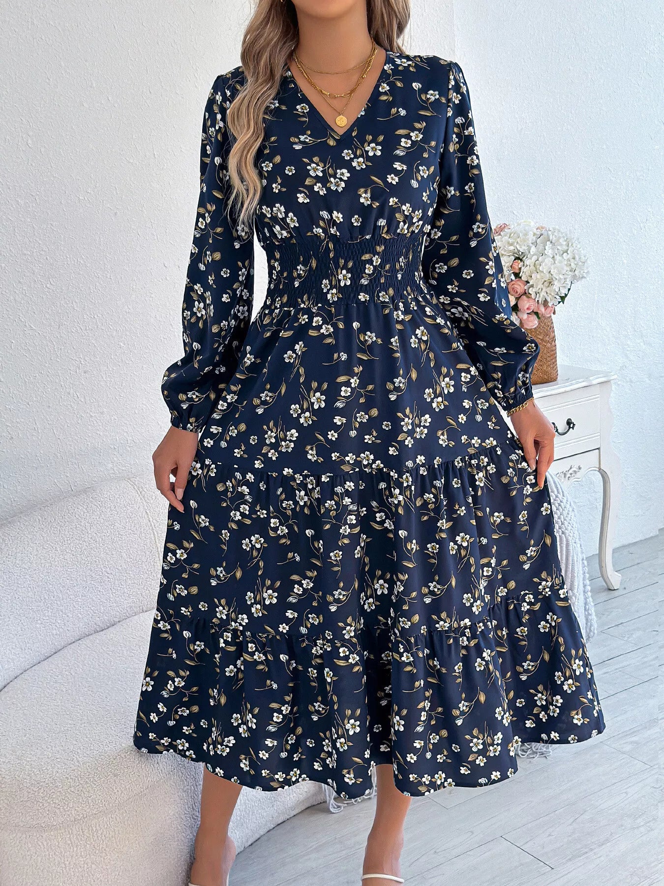 Floral Print Long Sleeve V-Neck Midi Dress Navy Blue / S