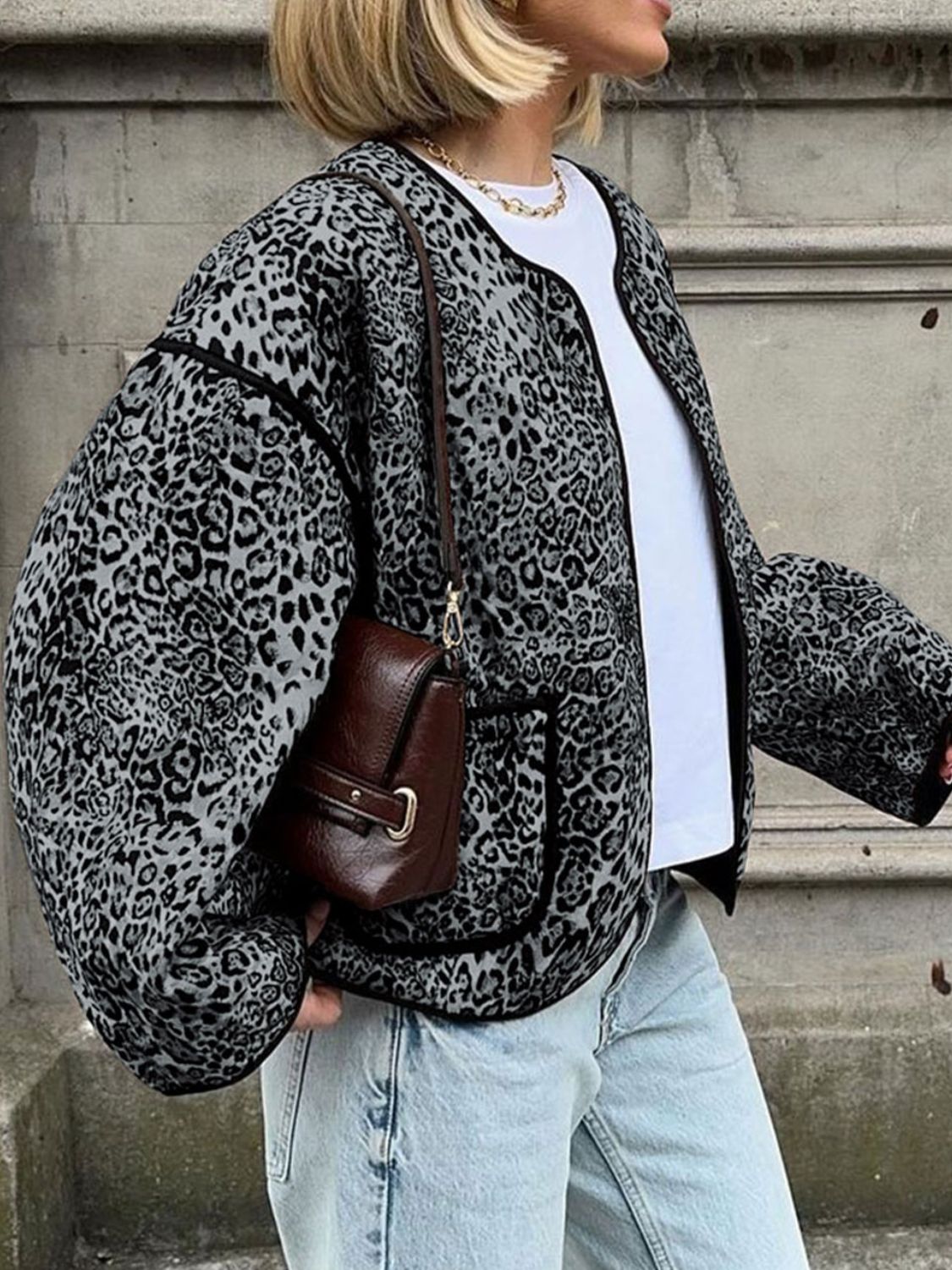 Perfee Leopard Open Front Long Sleeve Jacket - Charming Charlie