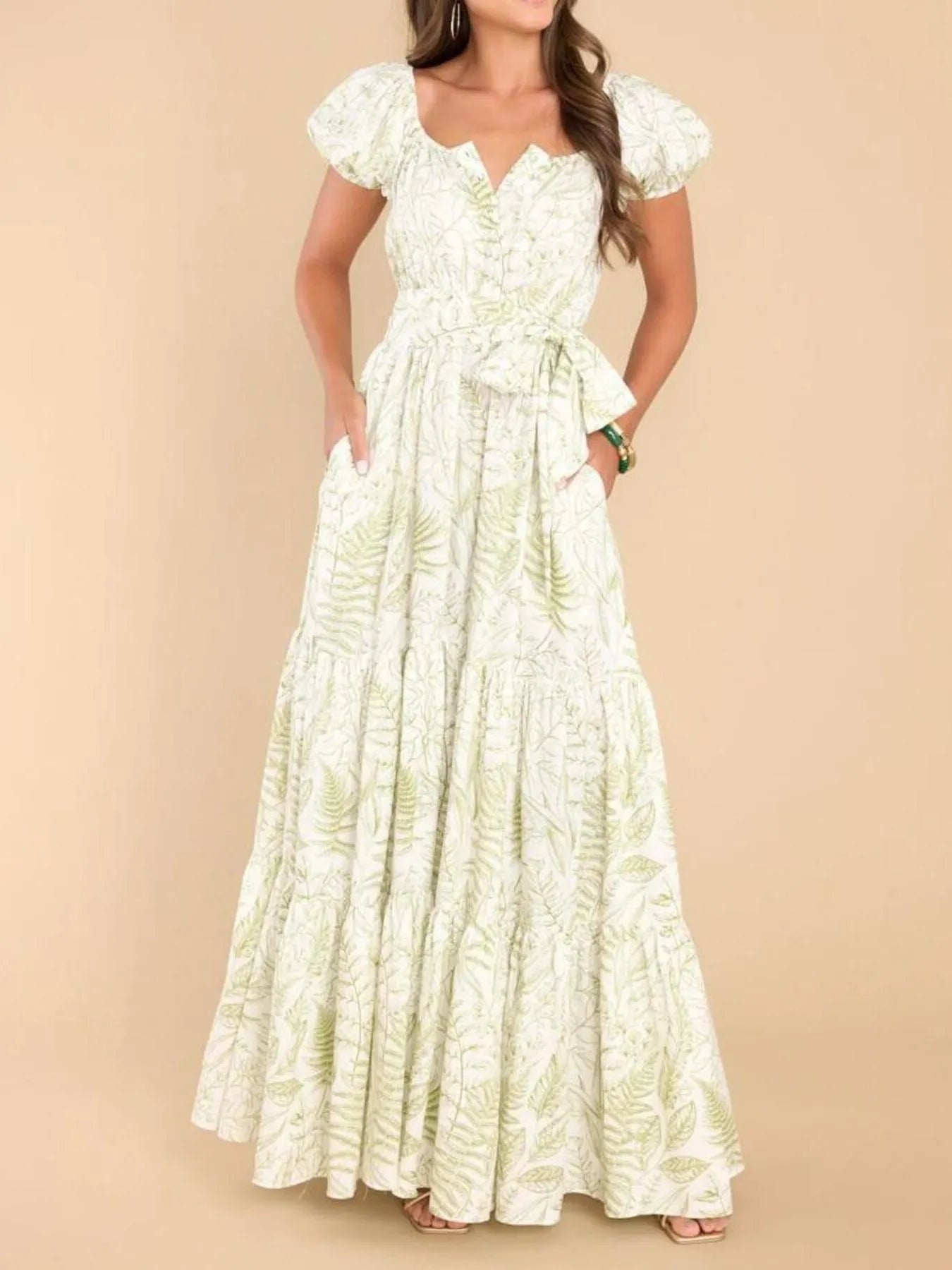 Printed Puff Sleeve Maxi Dress Green / S Printed Puff Sleeve Maxi Dress Green / S