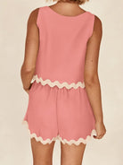 Contrast Trim Round Neck Top and Shorts Set - Charming Charlie