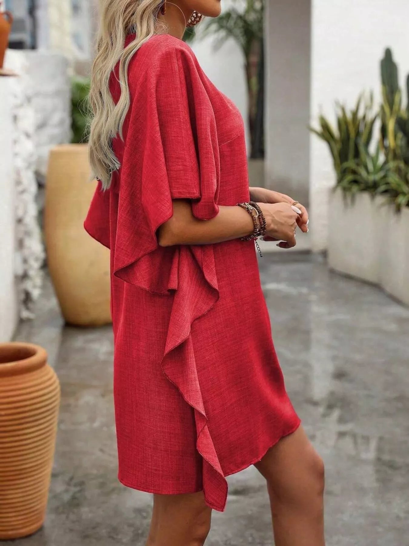 Ruffled Flutter Sleeve V-Neck Mini Dress Burgundy / XL