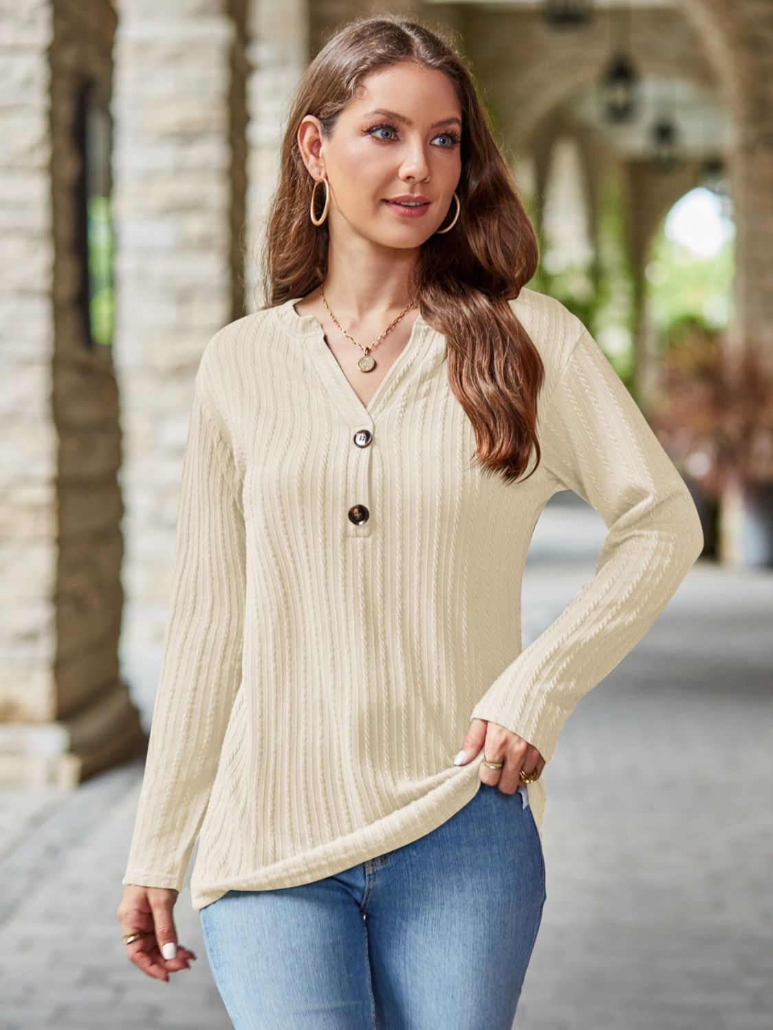 Mandy Notched Long Sleeve TShirt Charming Charlie