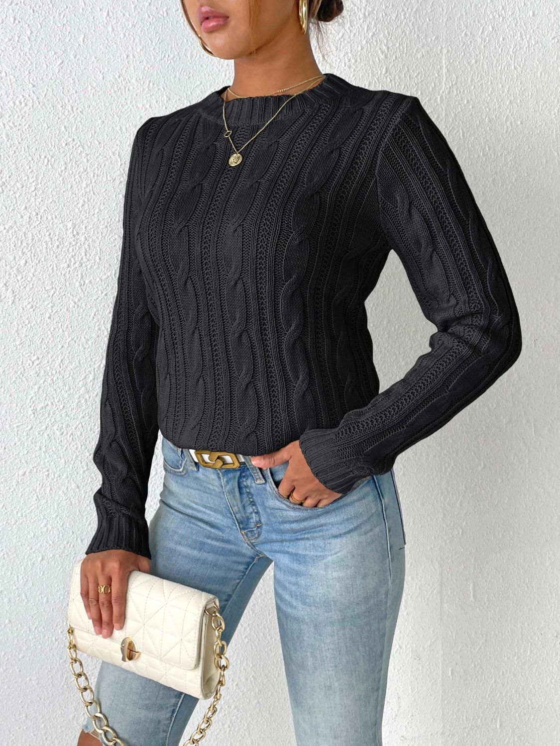 Cable-Knit Round Neck Sweater - Charming Charlie