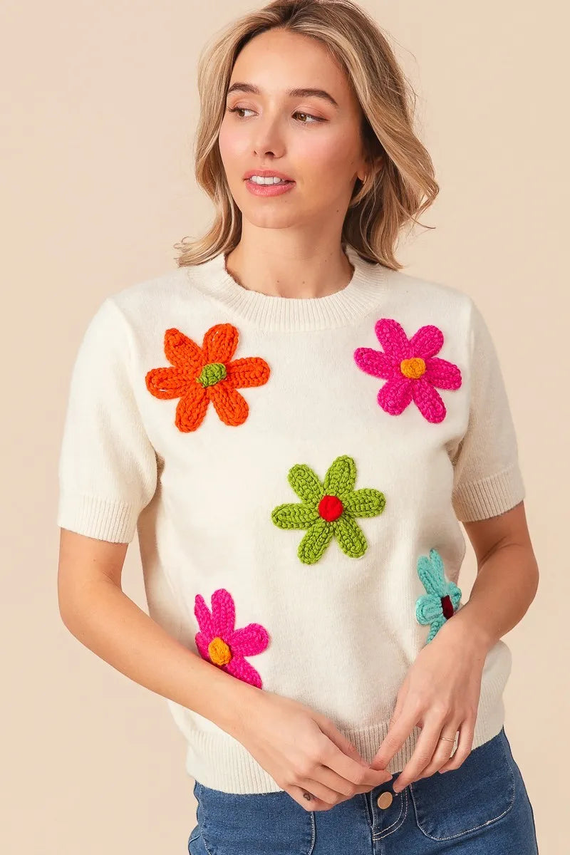 トップス BY. FLOWER SWEATSHIRT BIBIY BiBi Crochet Flower Patch Sweater Top – Charming Charlie