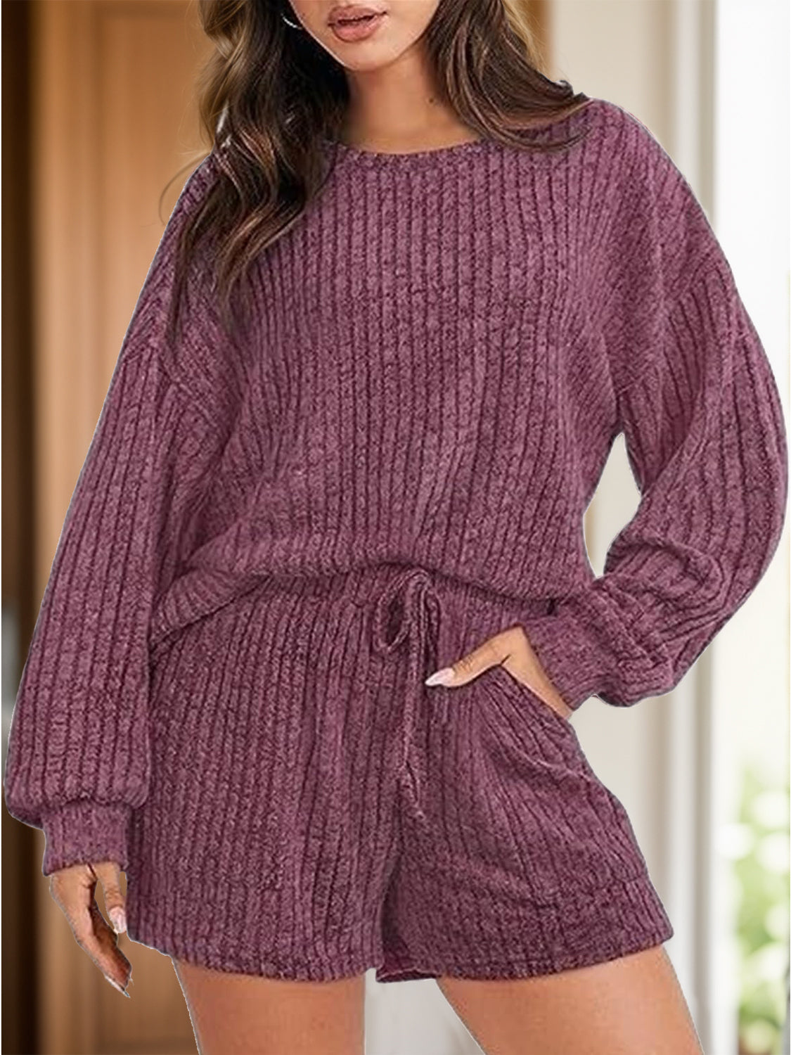 Round Neck Dropped Shoulder Top and Shorts Set - Charming Charlie