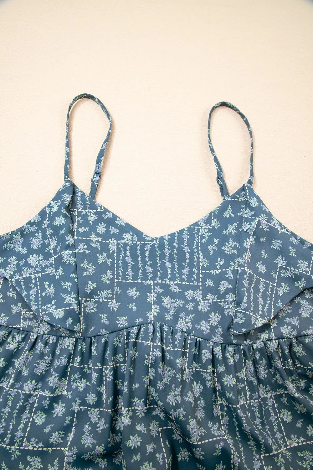 Spaghetti Straps Floral Print Knot Detail High Waist Flared Dress Dusty Blue / M