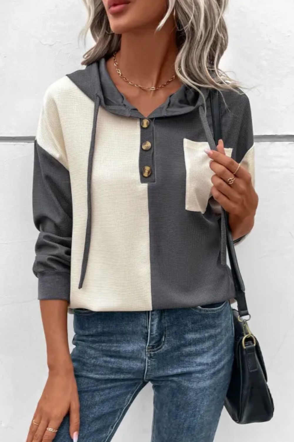 Waffle-Knit Two-Tone Long Sleeve Hoodie - Charming Charlie