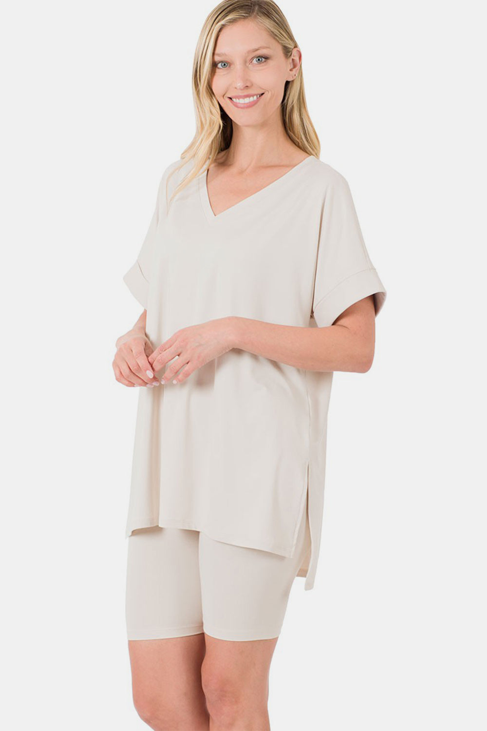 Zenana Full Size V-Neck Short Sleeve Slit T-Shirt and Shorts Set - Charming Charlie
