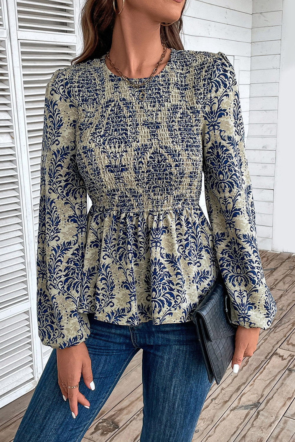 Peplum Printed Round Neck Long Sleeve Blouse - Charming Charlie