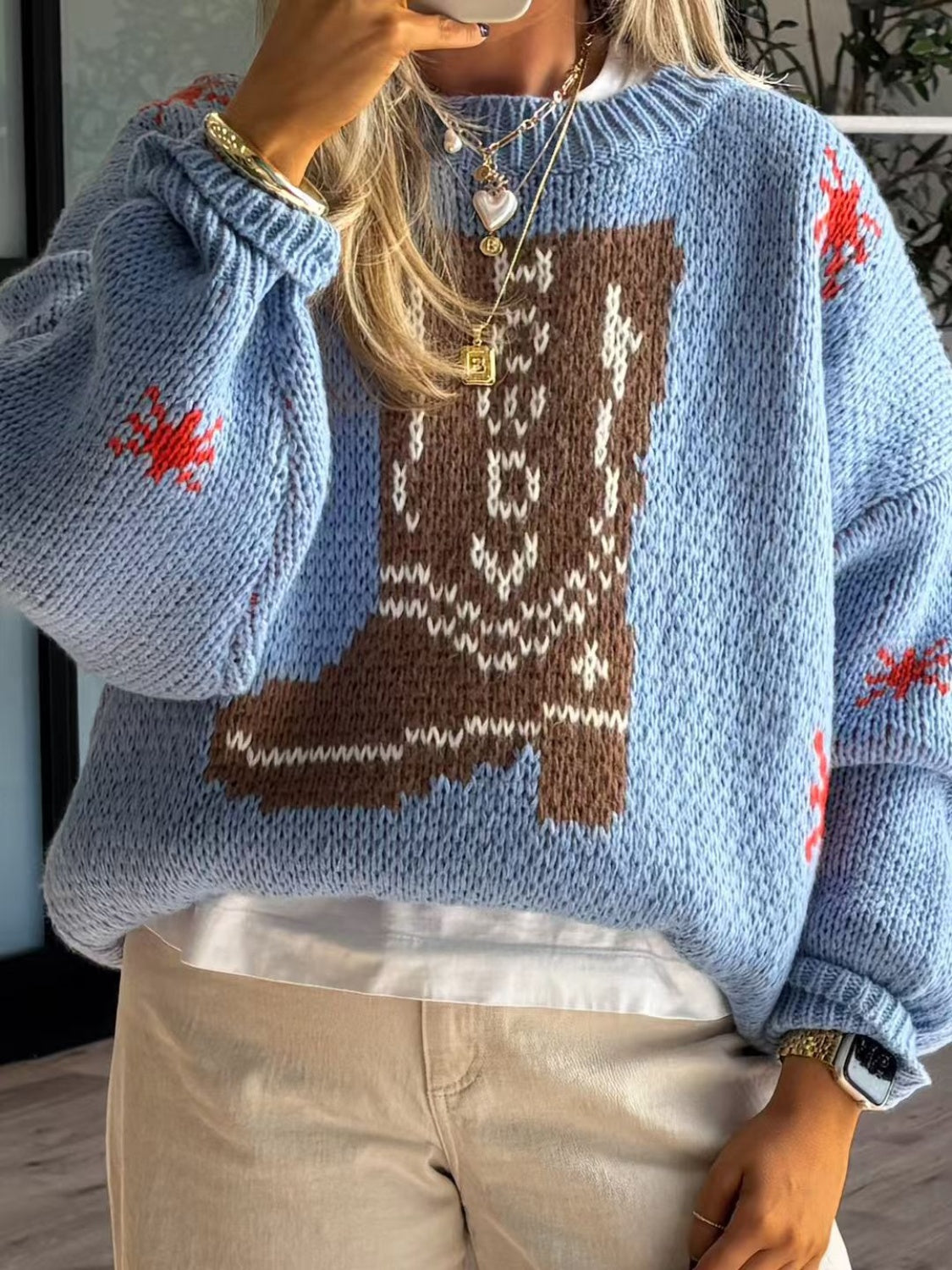 Boot Pattern Round Neck Dropped Shoulder Sweater - Charming Charlie