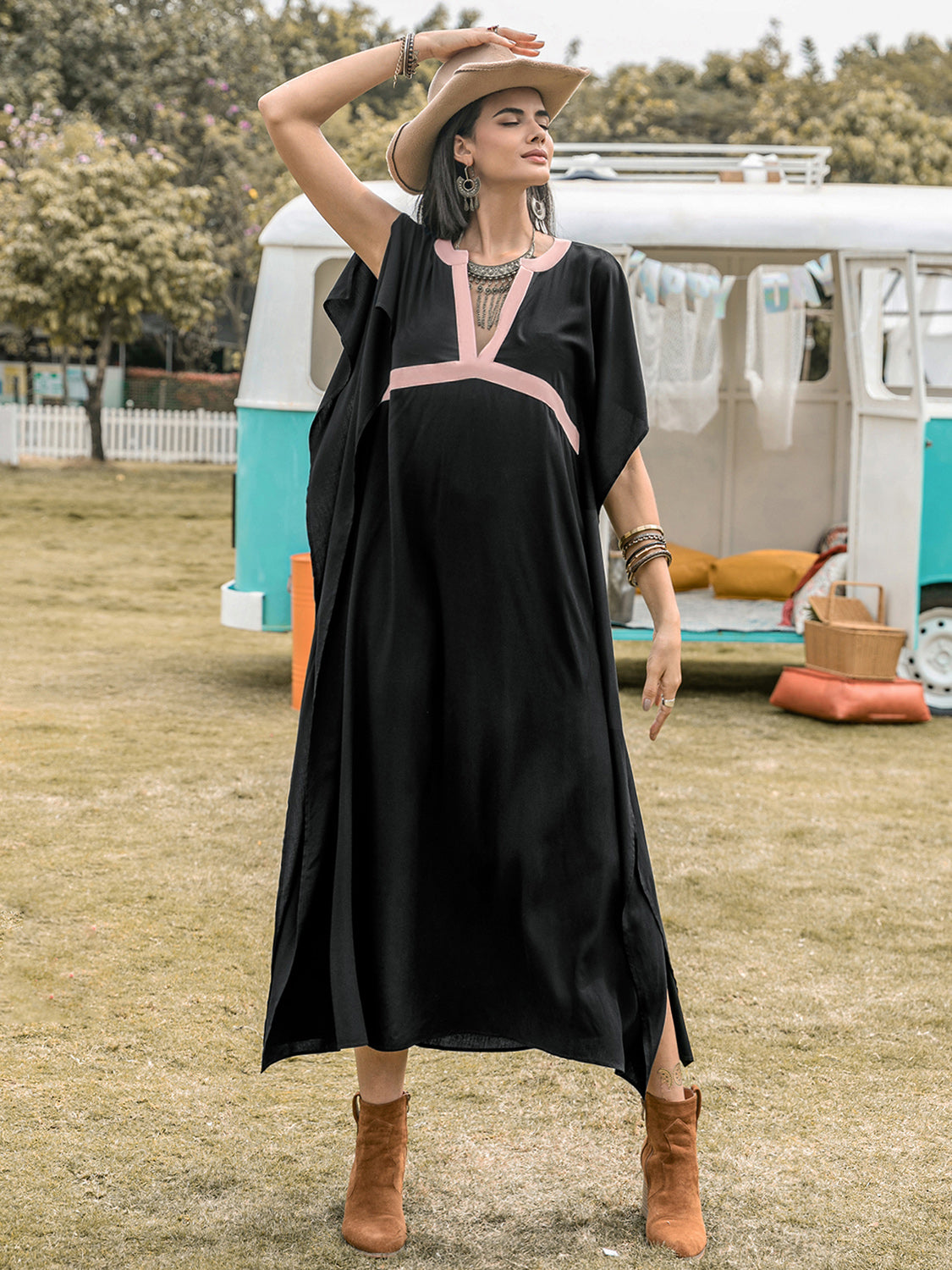 Contrast Trim Notched Slit Short Sleeve Midi Dress - Charming Charlie