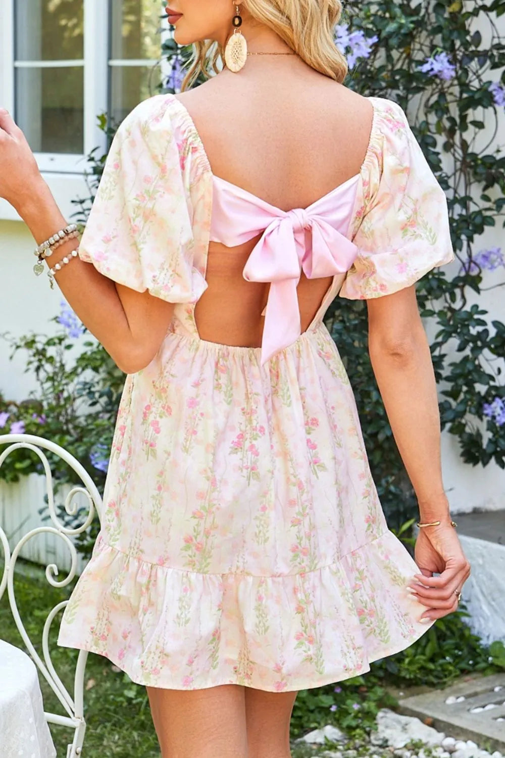 Floral Puff Sleeve Square Neck Knotted Open Back Ruffled Mini Dress –  Charming Charlie