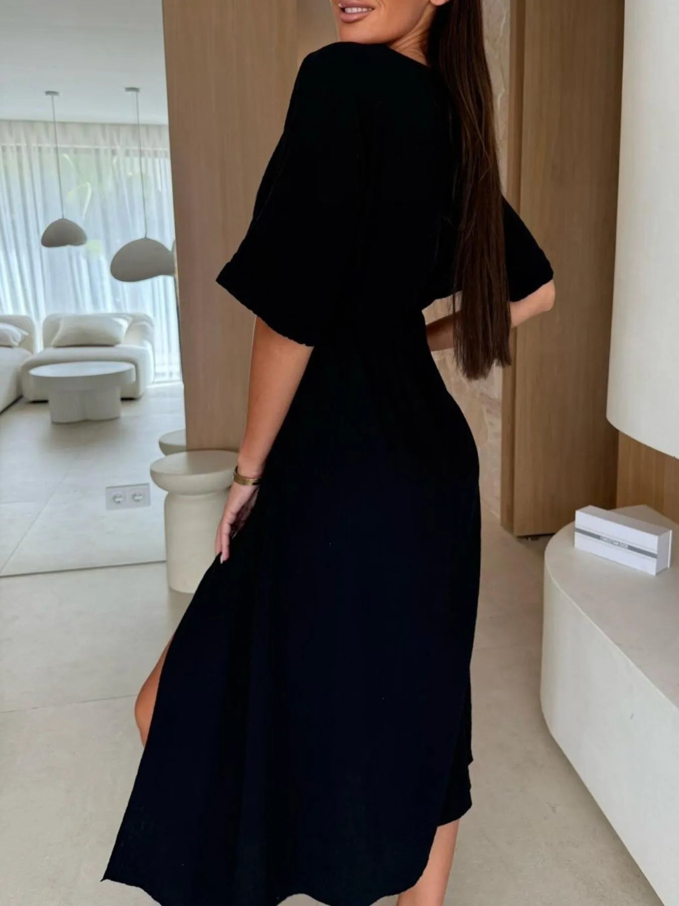 Slit Surplice Half Sleeve Midi Dress Green / L Slit Surplice Half Sleeve Midi Dress Green / L