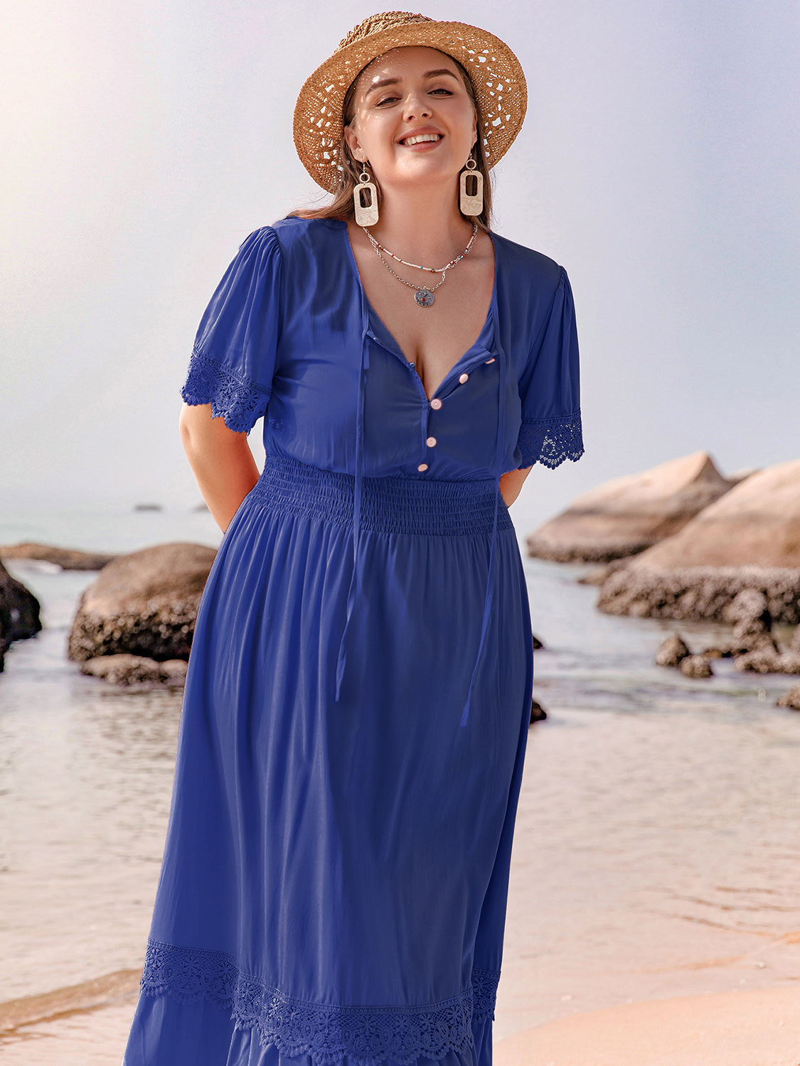 Plus Size Lace Detail Tie Neck Short Sleeve Maxi Dress – Charming