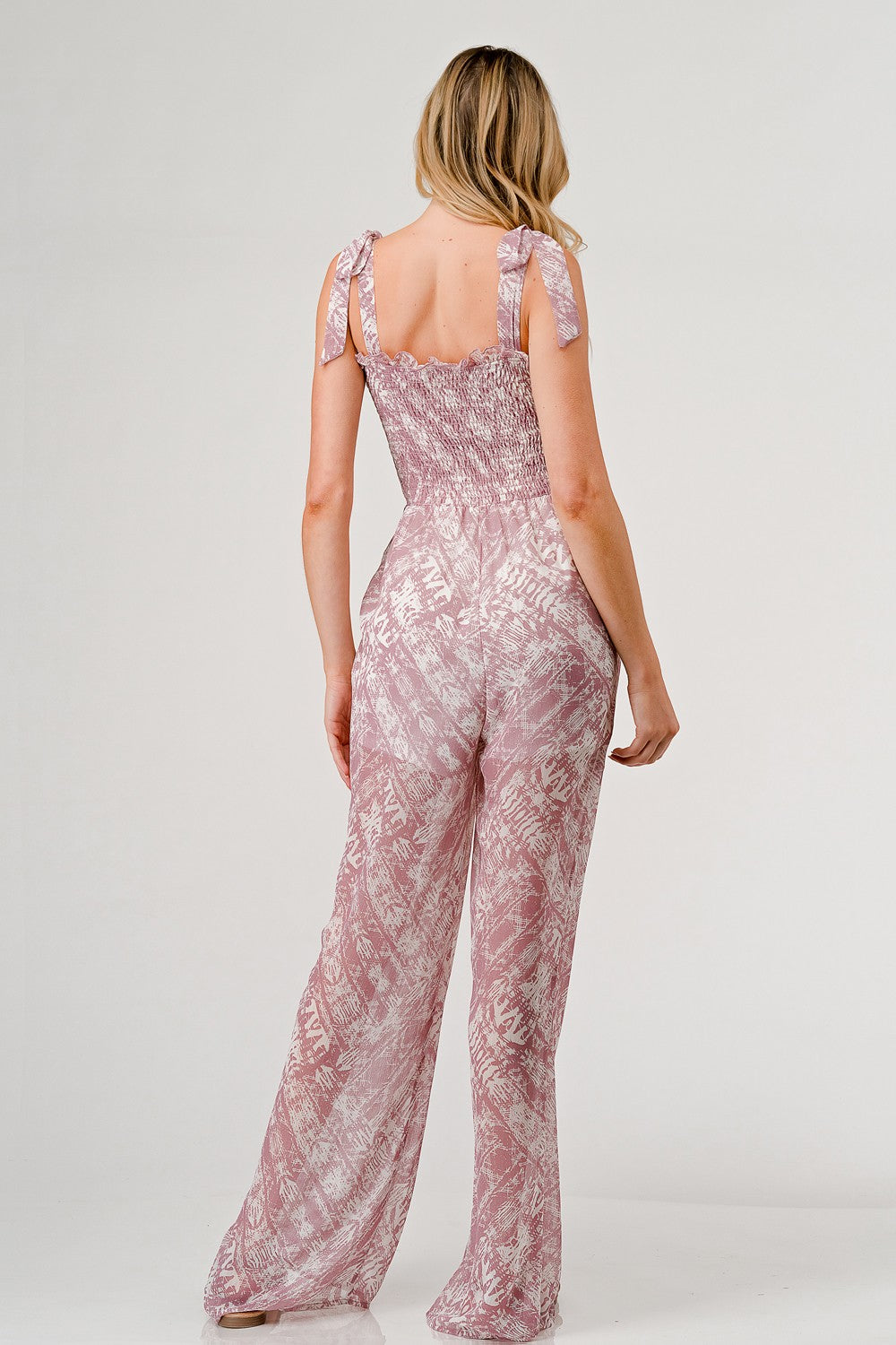 GeeGee Printed Tie Shoulder Wide Leg Jumpsuit - Charming Charlie