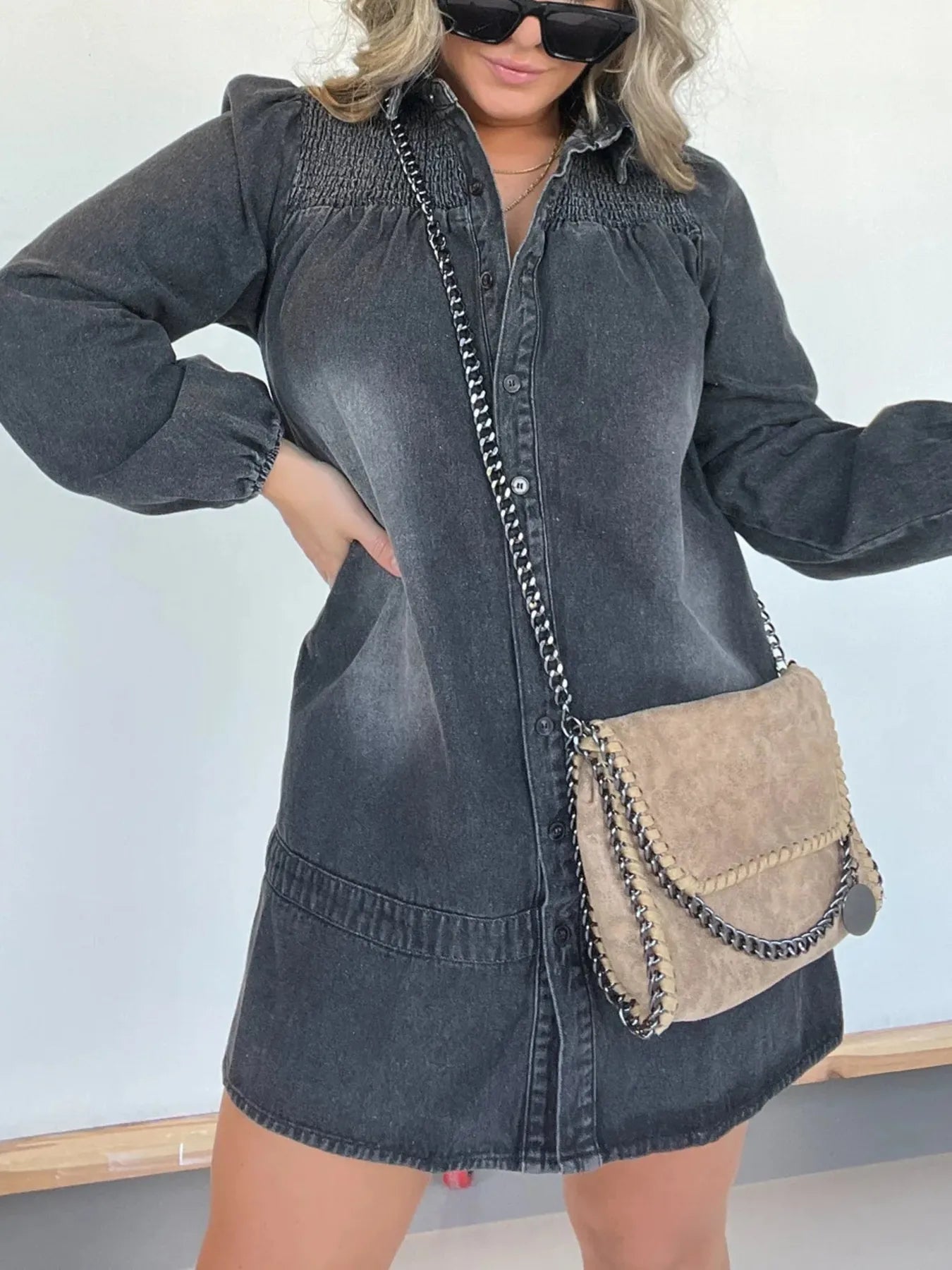 Full Size Button Front Long Sleeve Denim Dress Plus Size – Charming Charlie