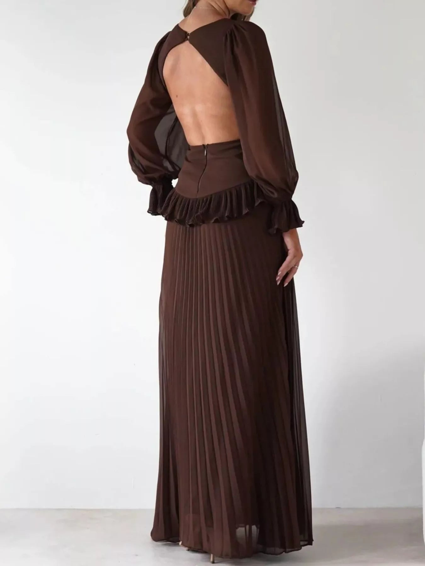 Backless Pleated Long Sleeve Maxi Dress Blue / L
