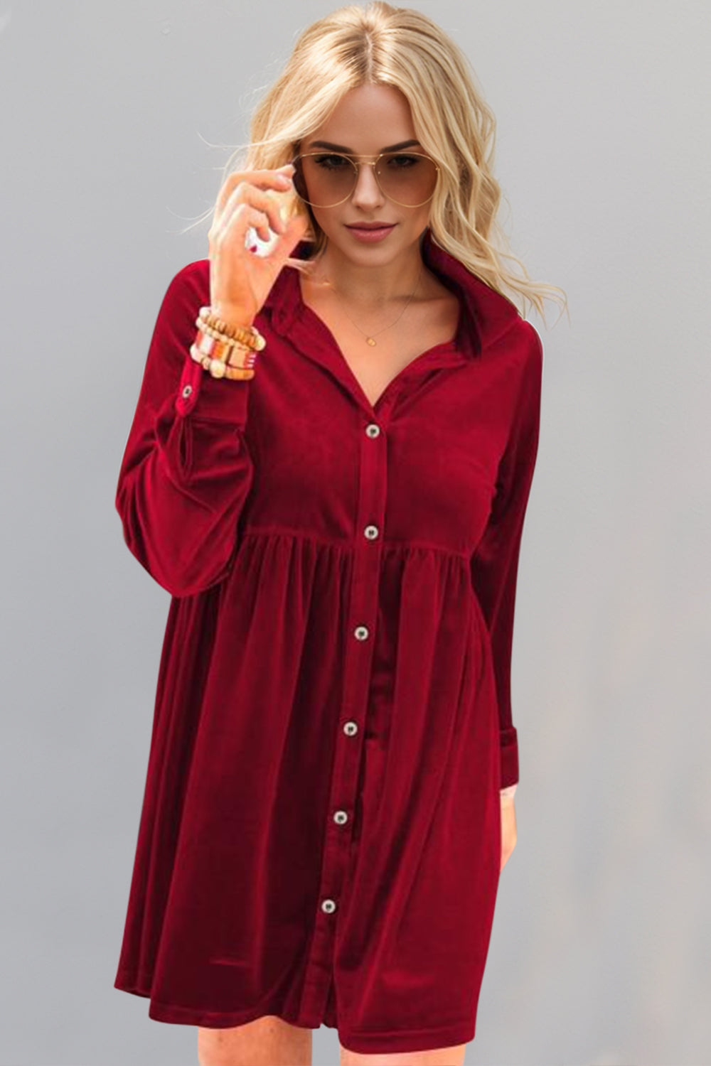 Oh Full Size Collared Neck Long Sleeve Mini Dress - Charming Charlie