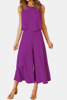 Round Neck Top and Wide Leg Pants Set - Charming Charlie