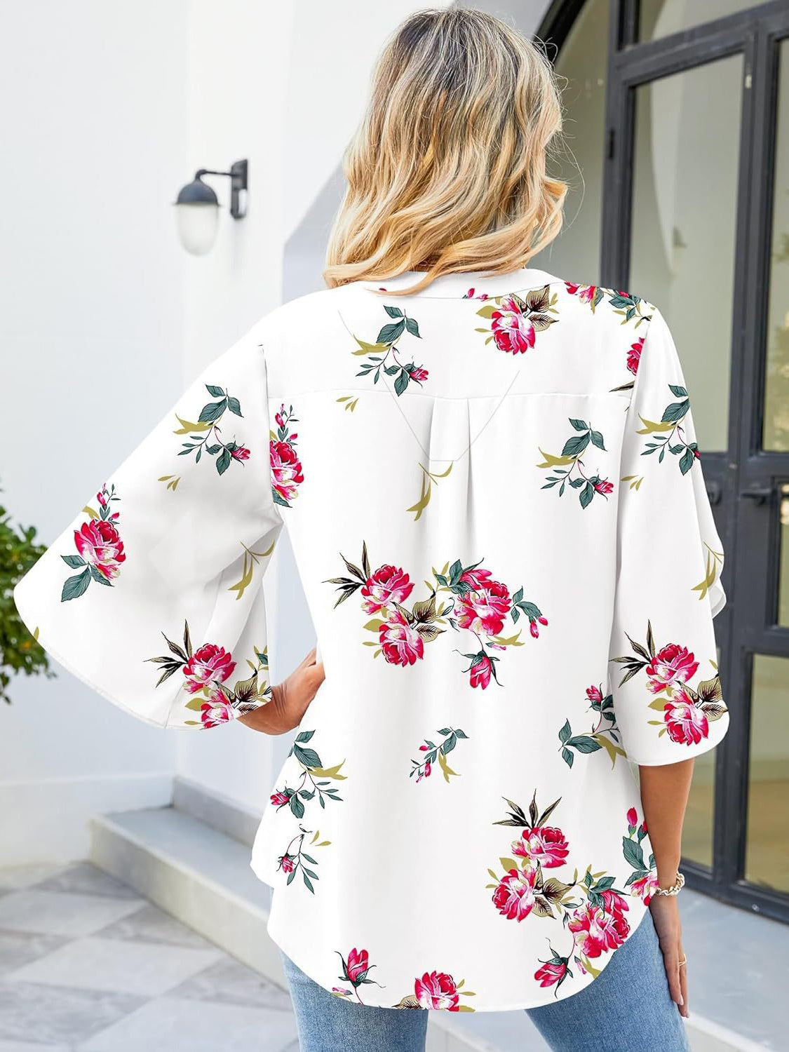 Printed Notched Half Sleeve Blouse - Charming Charlie