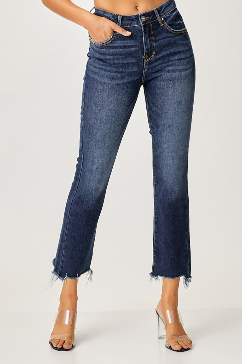 Risen Full Size Frayed Hem Cropped Straight Jeans - Charming Charlie