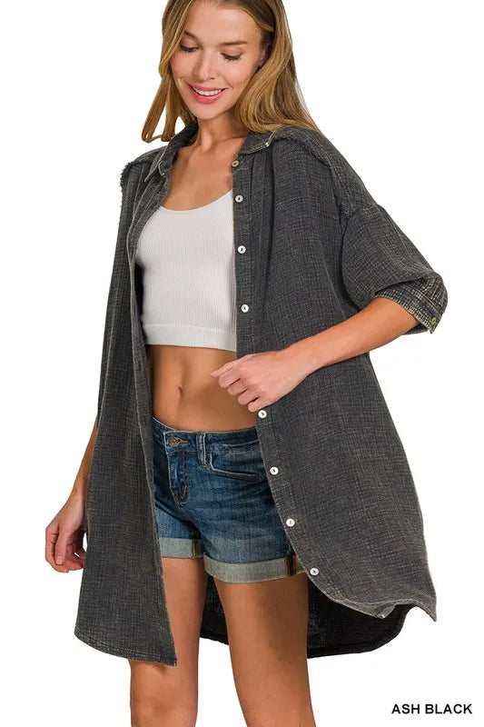 Zenana Washed Double Gauze Button Down Shirt Dress  Charming Charlie