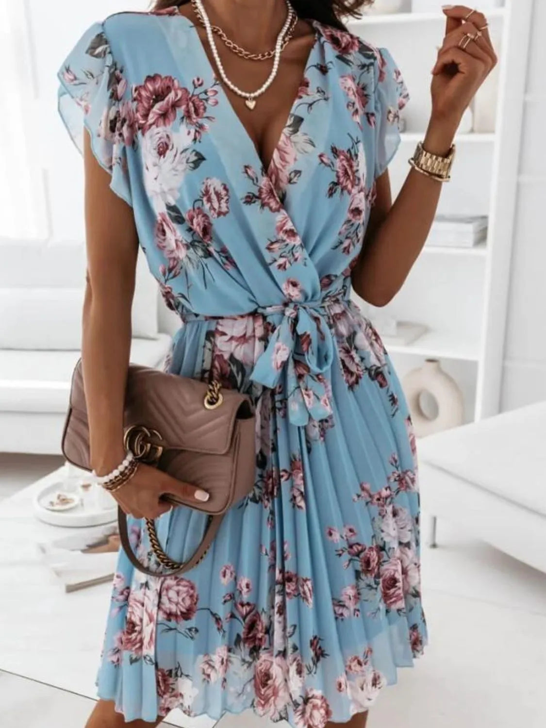 Surplice Neck Wrap Ruffle Detail Floral Dress