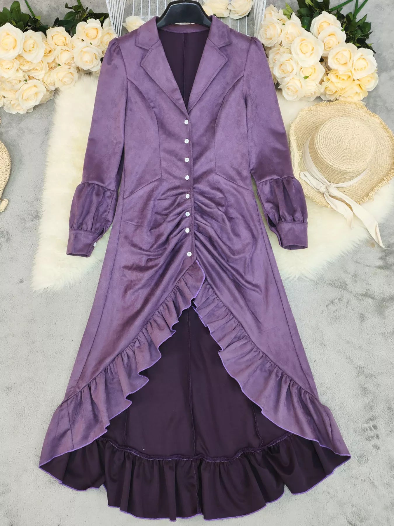 ml monique lhuillier velvet ruffle hem midi dress Velvet Ruffle Slit Midi Dress Purple / S