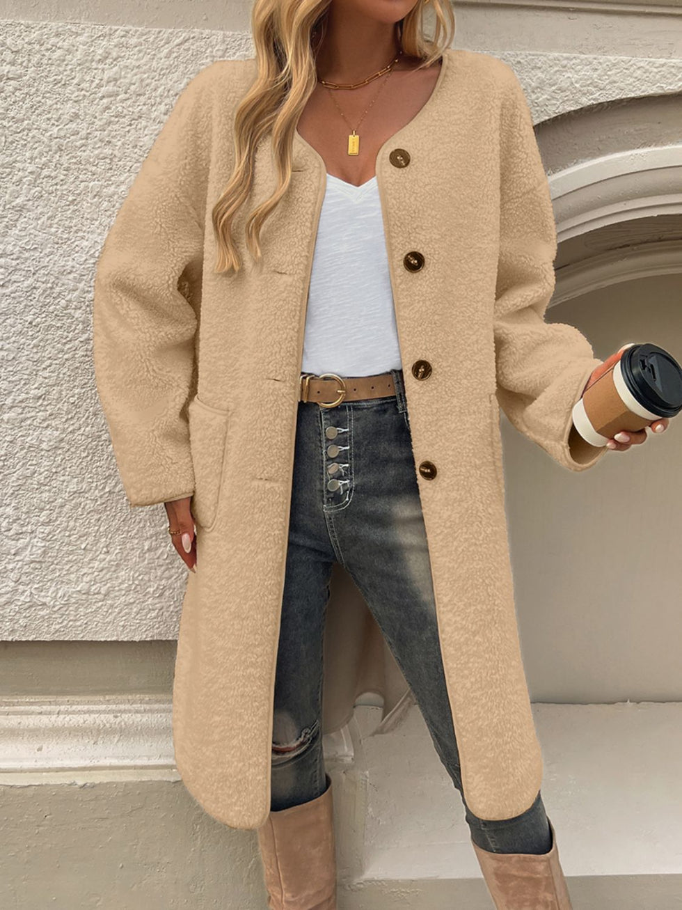 Collared Neck Button Up Long Sleeve Coat main image 0