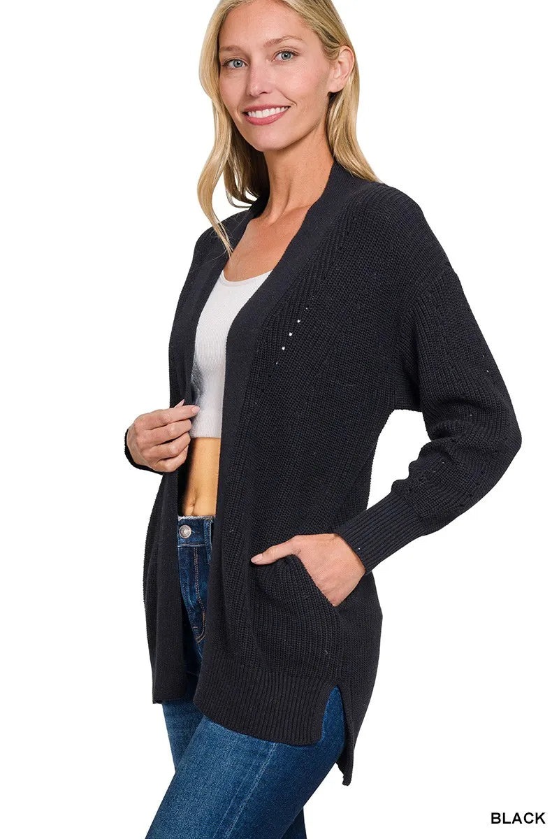Zenana Eyelet Open Sweater Cardigan with Pockets – Charming Charlie