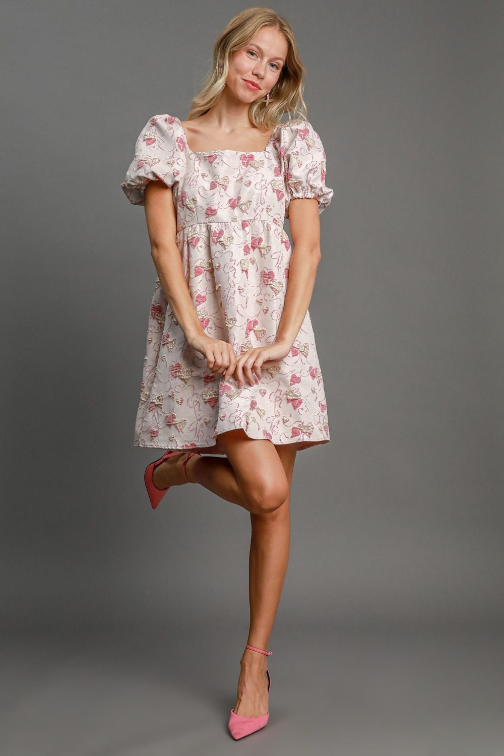 Umgee Heart Jacquard Square Neck Puff Sleeve Mini Dress - Charming Charlie