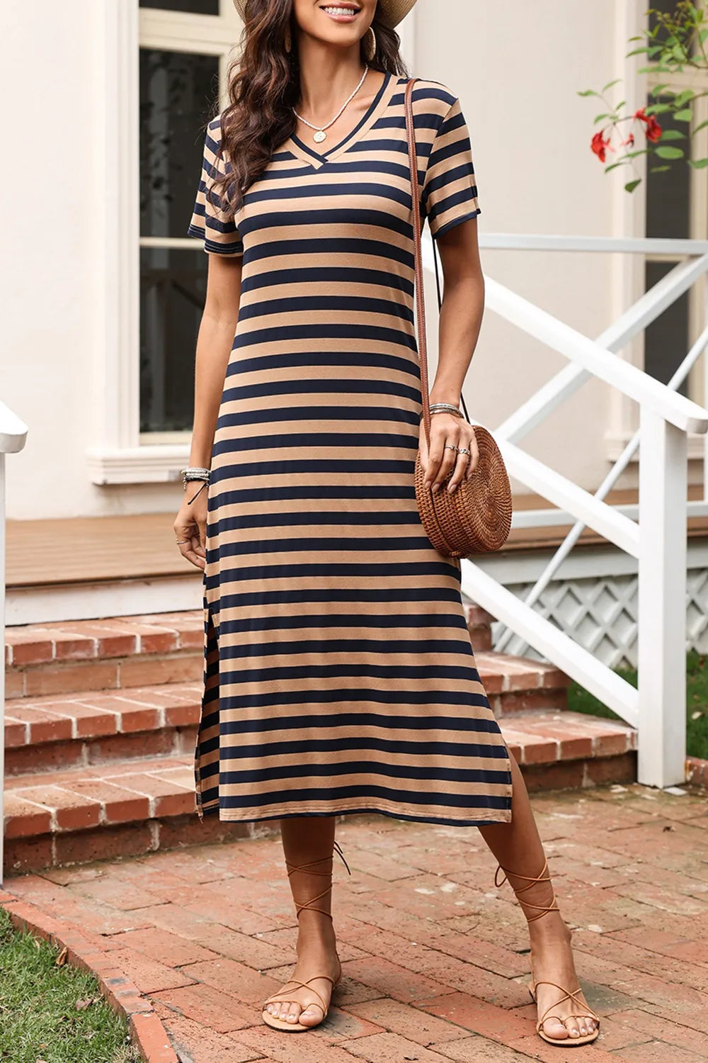 knee length dresses for ladies Rihoas V Neck Button Cap Sleeve Midi Dress for Women, Navy / L main image 1