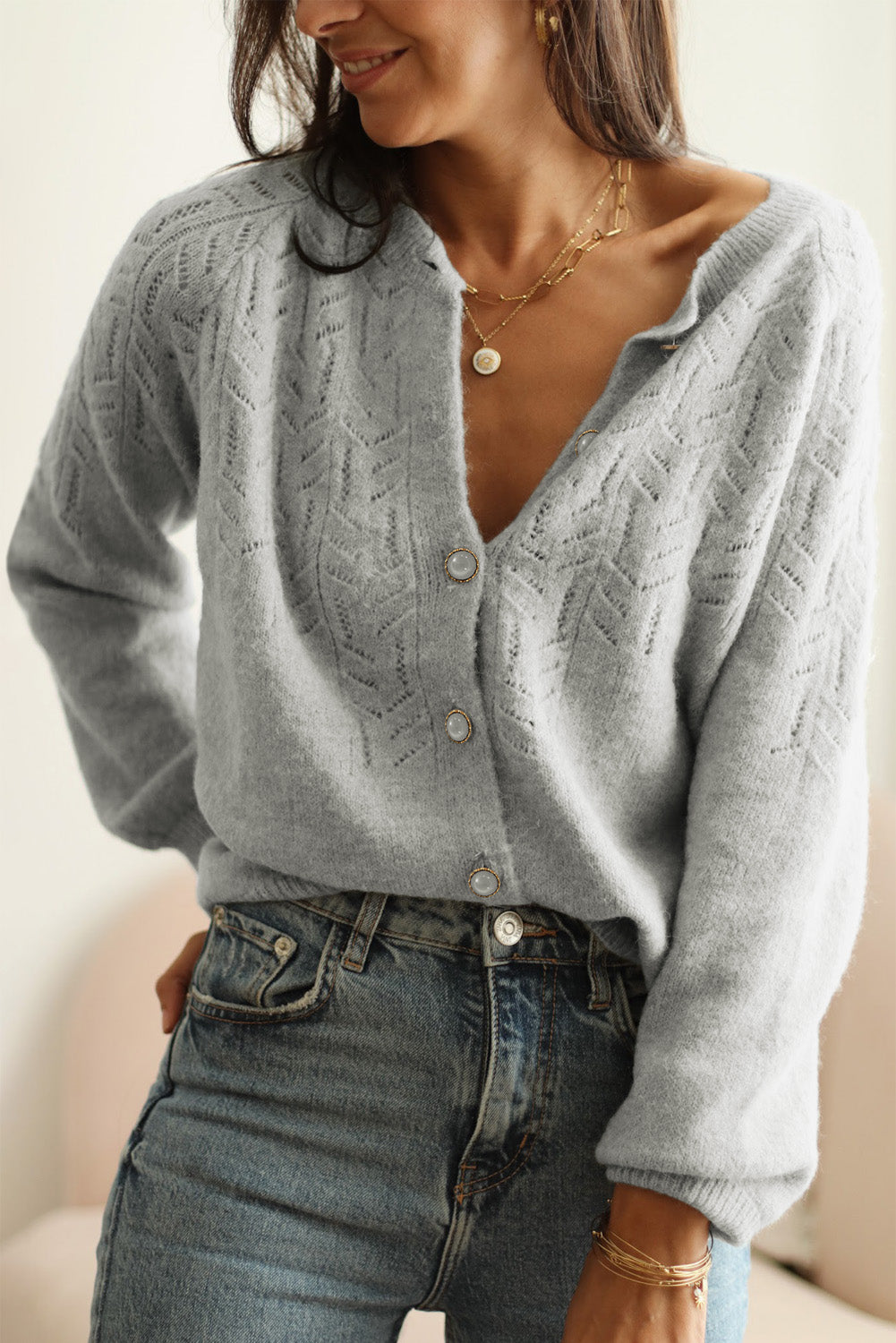 Openwork Button Down Long Sleeve Cardigan - Charming Charlie