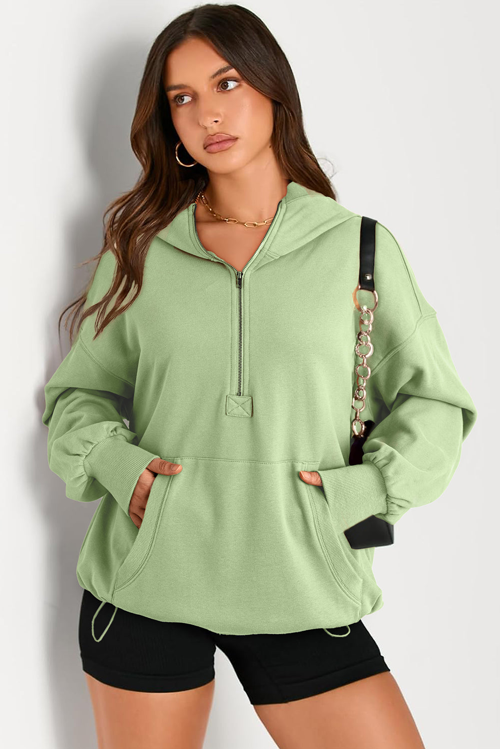 Pocketed Half Zip Long Sleeve Hoodie - Charming Charlie