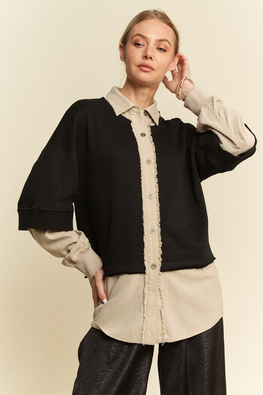 Davi & Dani Faux Layered French Terry Contrast Top - Charming Charlie