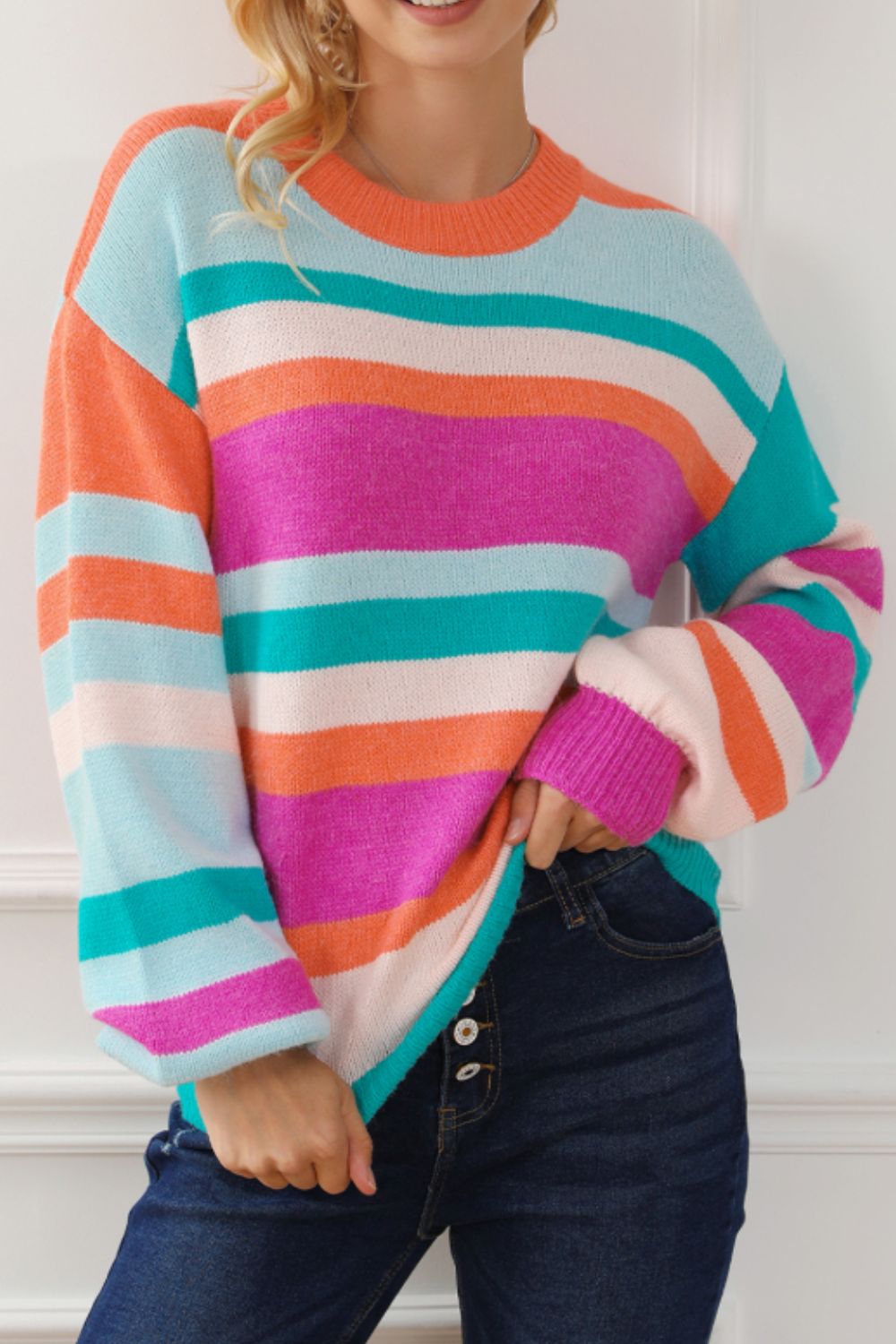 Striped Round Neck Drop Shoulder Sweater - Charming Charlie