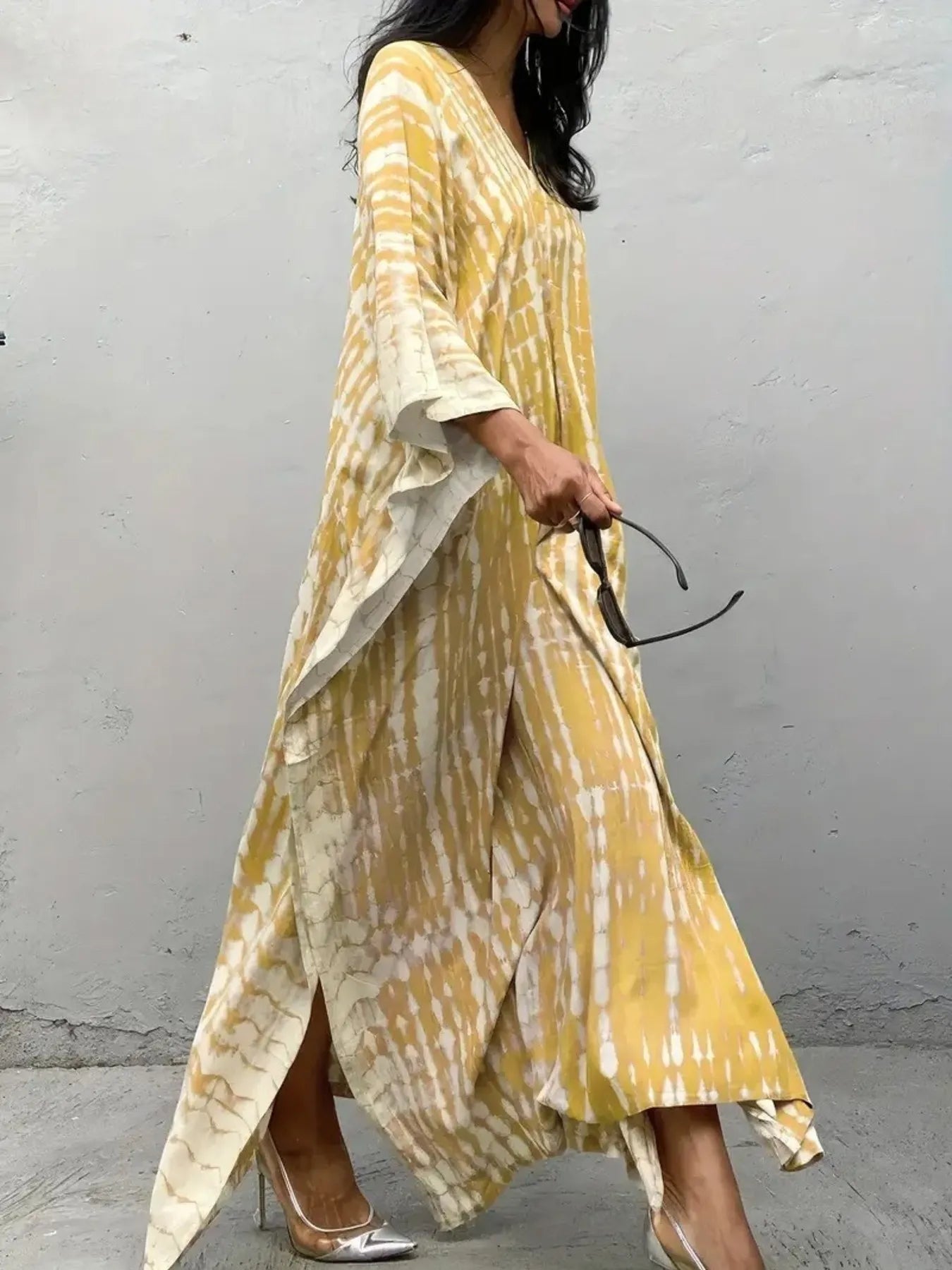 Tie-Dye V-Neck Maxi Dress with Flowy Sleeves Green / One Size