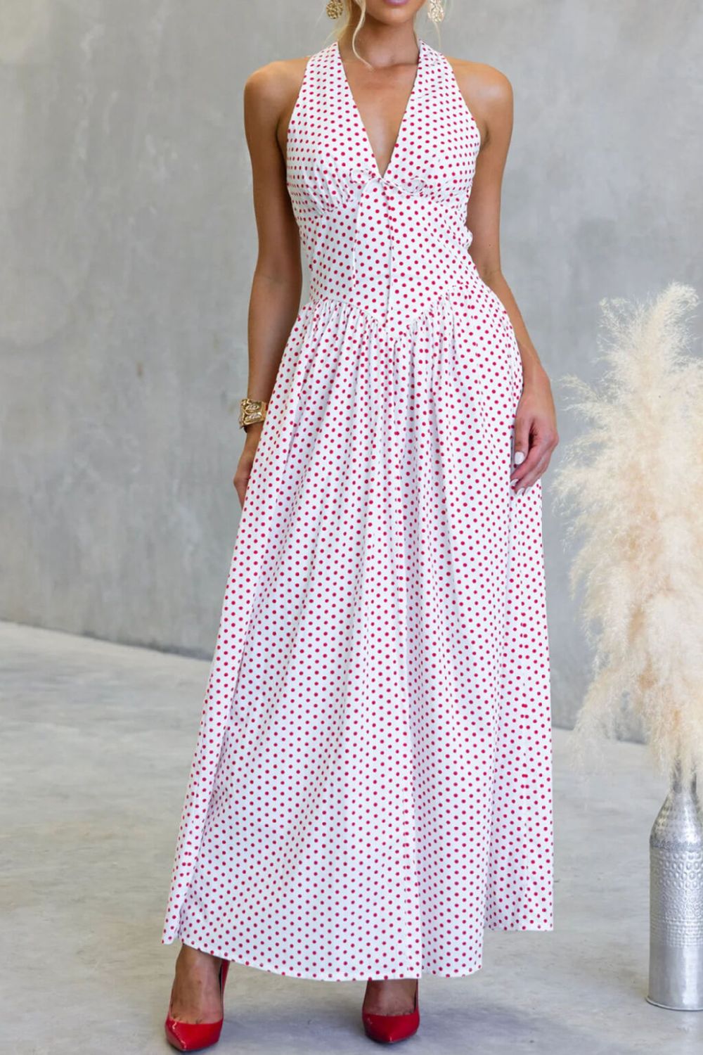 Backless Polka Dot Halter Neck Maxi Dress Pink / M